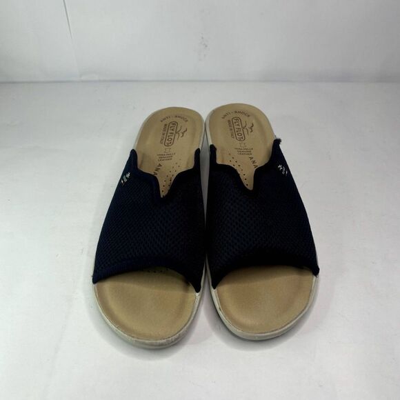 Fly Flot Italian Navy Blue Comfy Tan Wedge Slide Sandals Slip Ons Mesh Womens - Picture 3 of 8